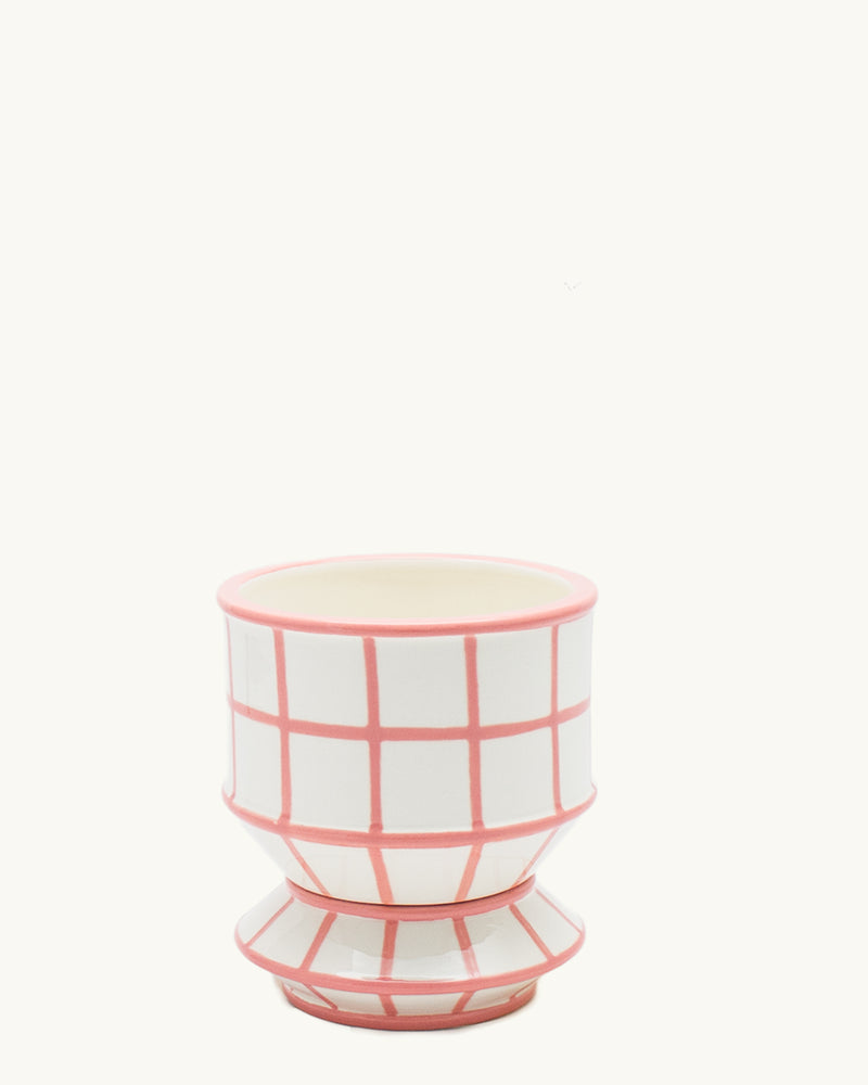 Checkered pink integrated ceramic pot and saucer/drip plate set. Planter designed by Nueve Design Studio PH.