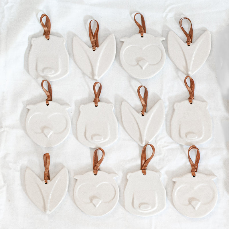 Set of 12 Off-White Woodland Animal Ceramic Ornament